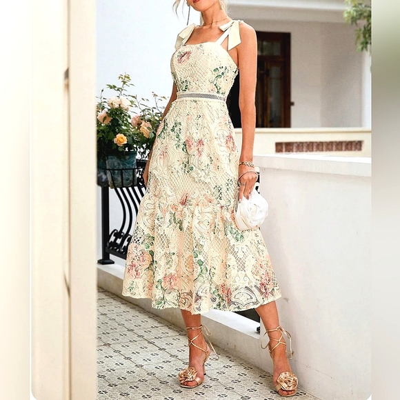 Dresses & Skirts - New Floral Lace Net Midi Cami Dress Cream Ivory Pink Green